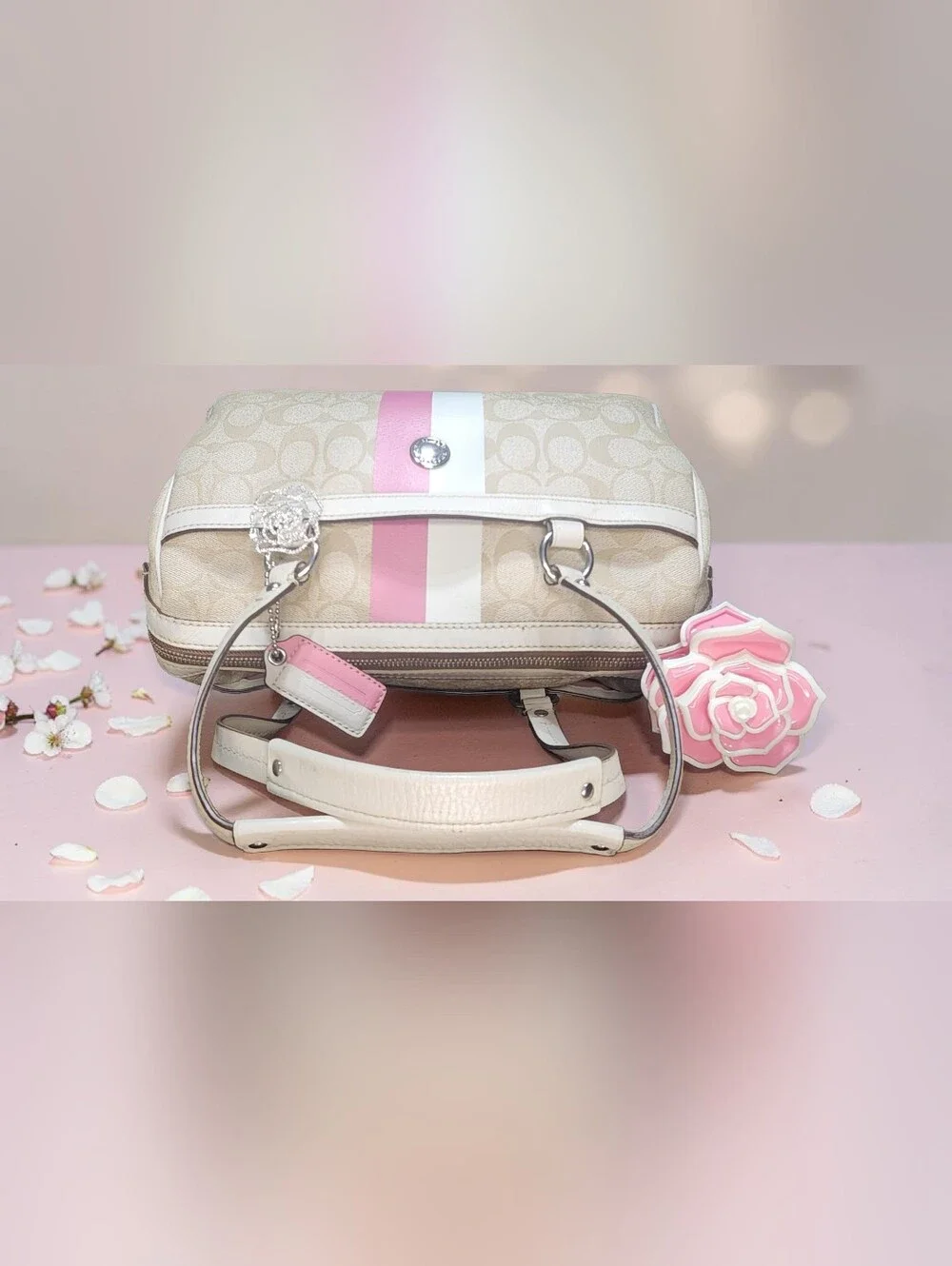 Coach Beige Signature Satchel with Pink and White Stripes